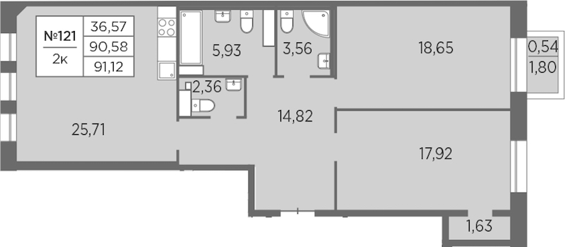 2-комнатная квартира 91.12 м², 7/8 эт., ЖК «Северная Корона»